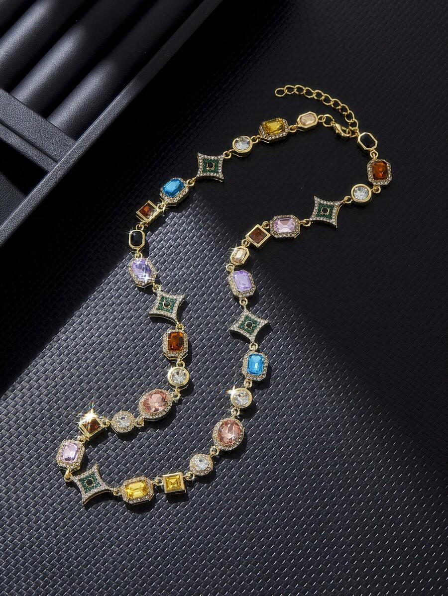 1PC Hip Hop Jewelry Fashion Colored Zirconia Iced Out Necklace For Women Crystal Gemstone Link Chain Pendant For Women Bridal Party Jewelry