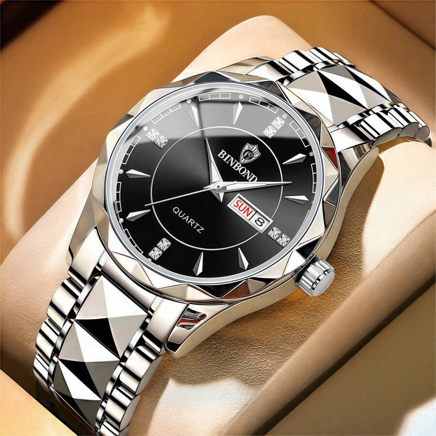 1 Stück Herren Uhr Gold Blau 50m wasserdicht rostfrei 316 Edelstahl leuchtende Zeiger Japan importiertes Quarz Automatikwerk - Hochwertig eingebaute langlebige Japan Batterie Englisch Sonntag Kalender präzise Zeitanzeige Herren Geburtstags Geschenk Ehemann Vatertag Hochzeit Andenken