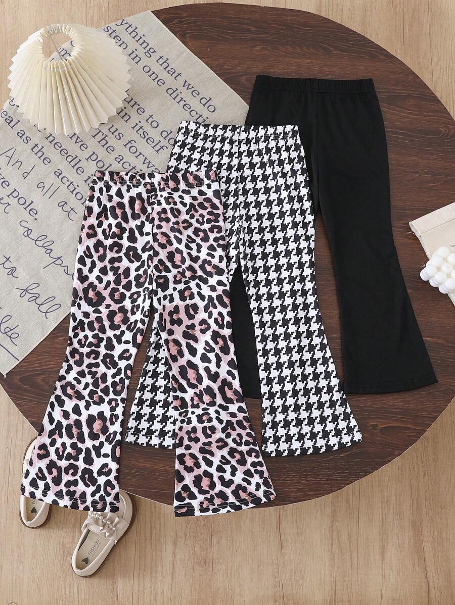 3pcs Girls Leopard Print Fashion Fitted Bell-Bottom Leggings, Casual Wear Spring/Summer
