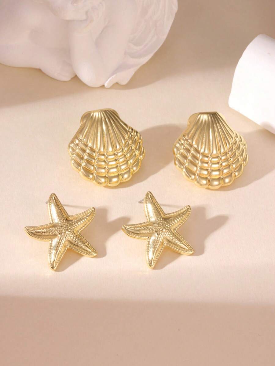 MESTILO 1 Pair Gold-Tone Scallop Sea Star Stud Earrings, Suitable For Women's Daily And Resort Wear