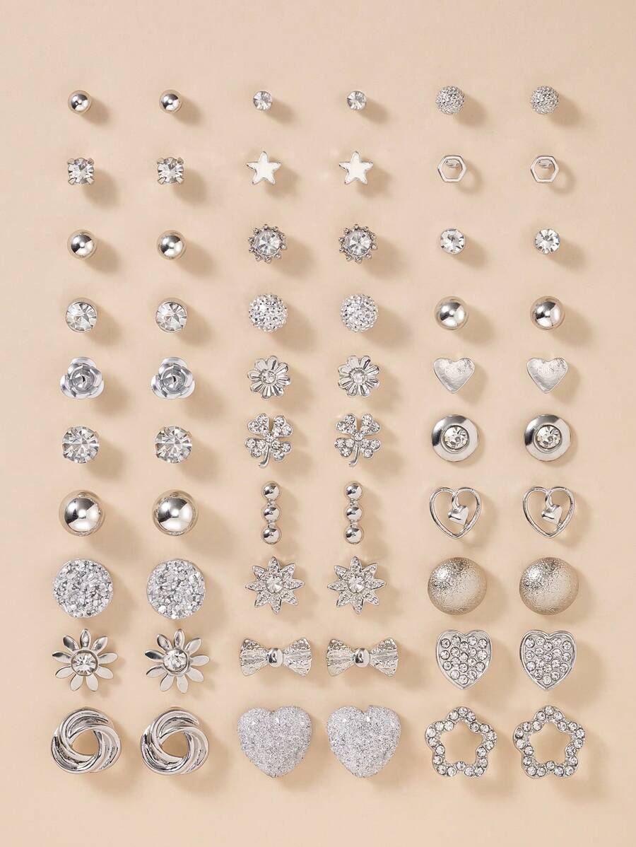 30 Pairs Women Fashion Metal Simple Cute Star, Flower, Butterfly, Heart, Round, Geometric Stud Earrings Set, Daily Wear Jewelry Gift Set