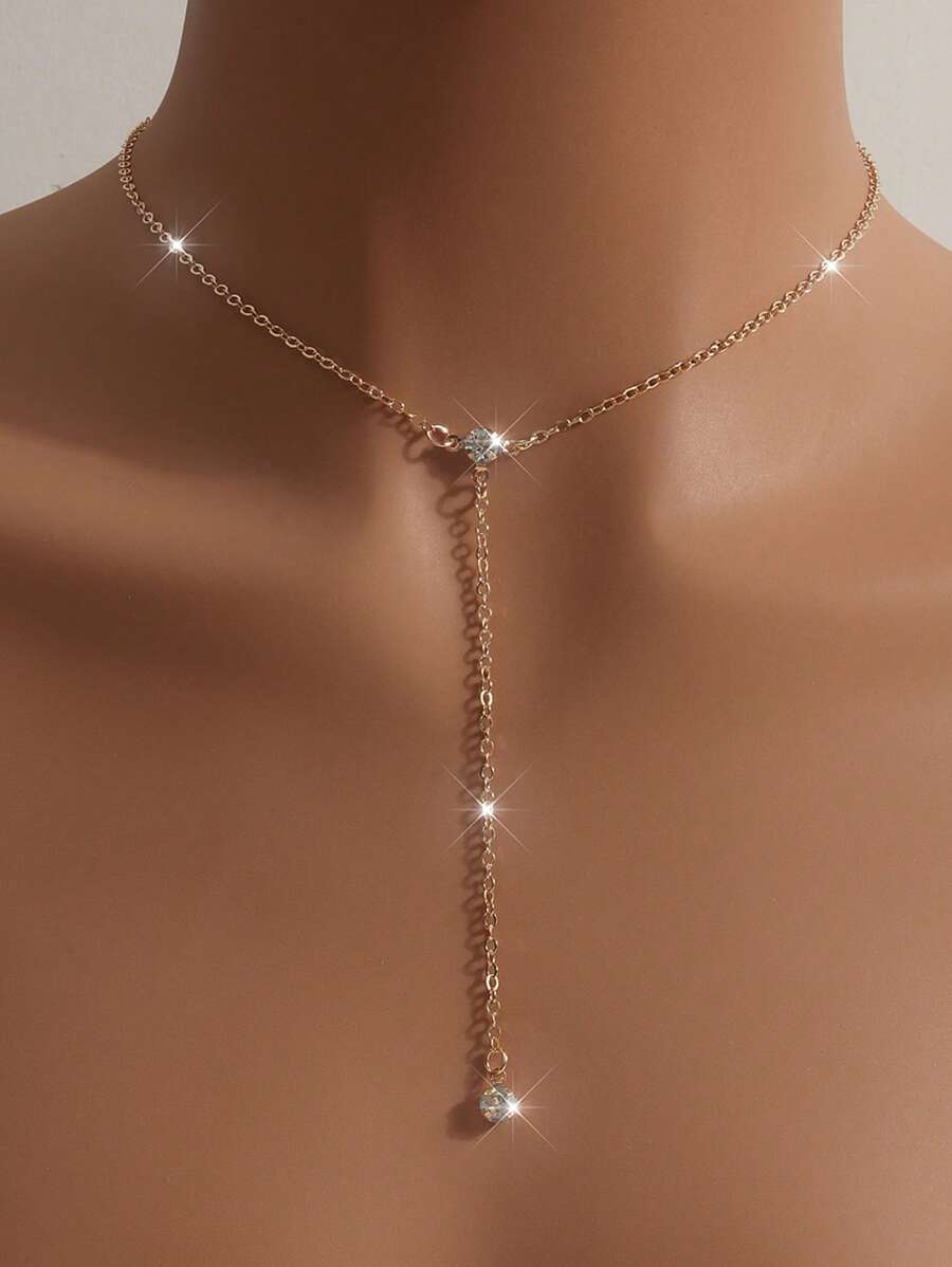 1pc Fashion Versatile Y-Shaped Crystal Pendant Long Necklace For Women, Suitable For Daily Wear And Women's Festival, Wedding Gift, Elegant & Minimalist Jewelry