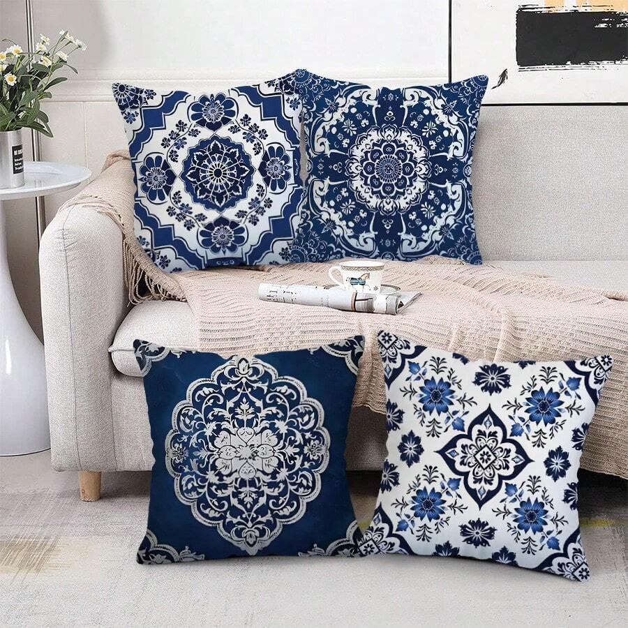TOPSSCTR Set Of 4 Traditional Geometric Blue Porcelain Pattern Throw Pillow Covers, Polyester Zippered Cushion Cases, Machine Washable Woven Decorative Pillowcases For Various Room Types, 45cm X 45cm - No Insert, Single Side Design