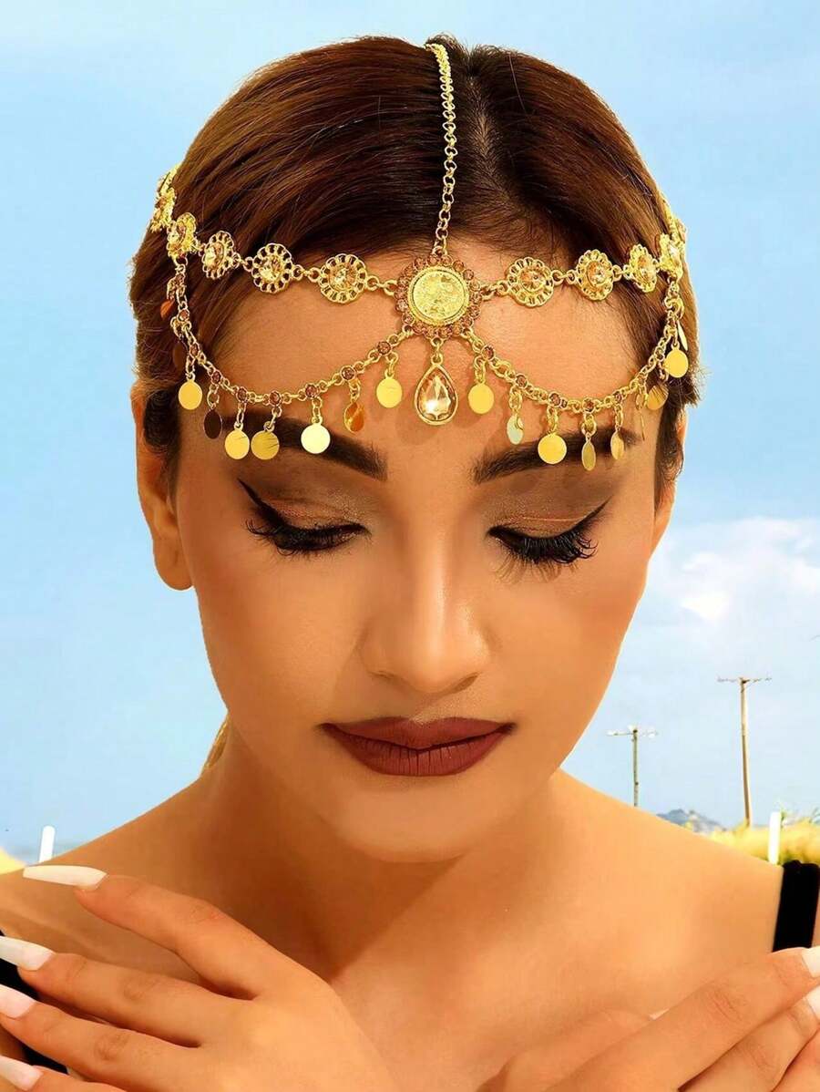 1 Stück modische goldene bohemische Haarschmuckkette, Quasten Pailletten Kopfschmuck Schmuck für Frauen, Braut Hochzeit