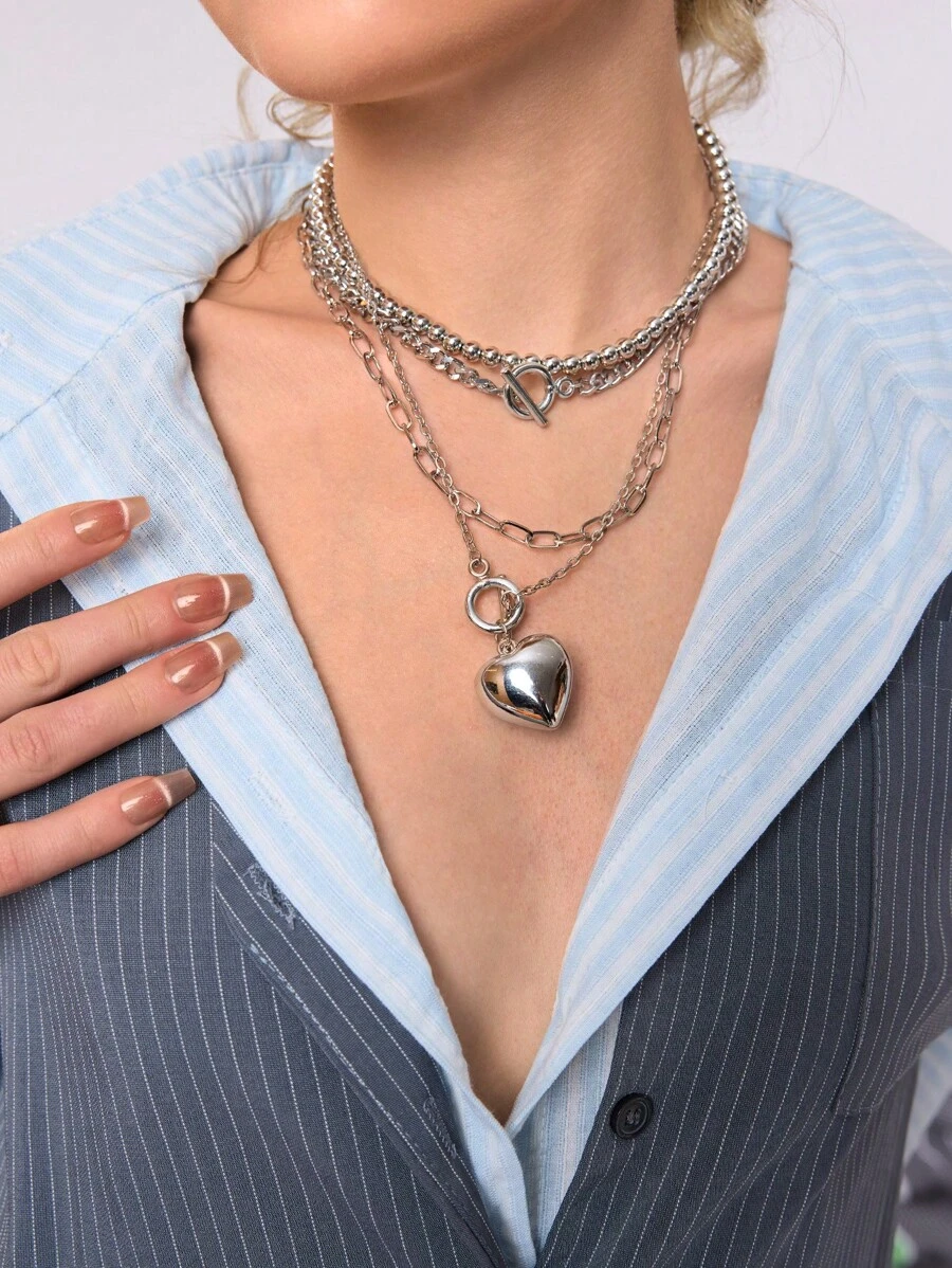 DareSee 4pcs/Set Fashionable Silver-Tone Alloy Multi-Layer Heart Pendant Necklace Set, Luxury Accessory For Women Summer Party Valentines, Mom, Mother, Mother's Day, Gift Music-Fest Y2K-Fest Back To School Autumn