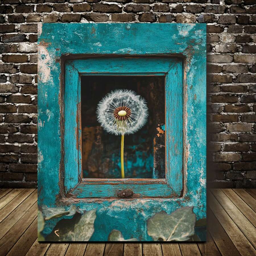1 pezzo Quadro su tela - Fiore di tarassaco turchese con sfondo blu rustico, con cornice in legno, decorazione moderna ispirata alla natura per soggiorno, ufficio, camera da letto o cucina, opera d'arte per cucina | Quadro atmosferico | Cornice in legno di pino, decorazione floreale da parete