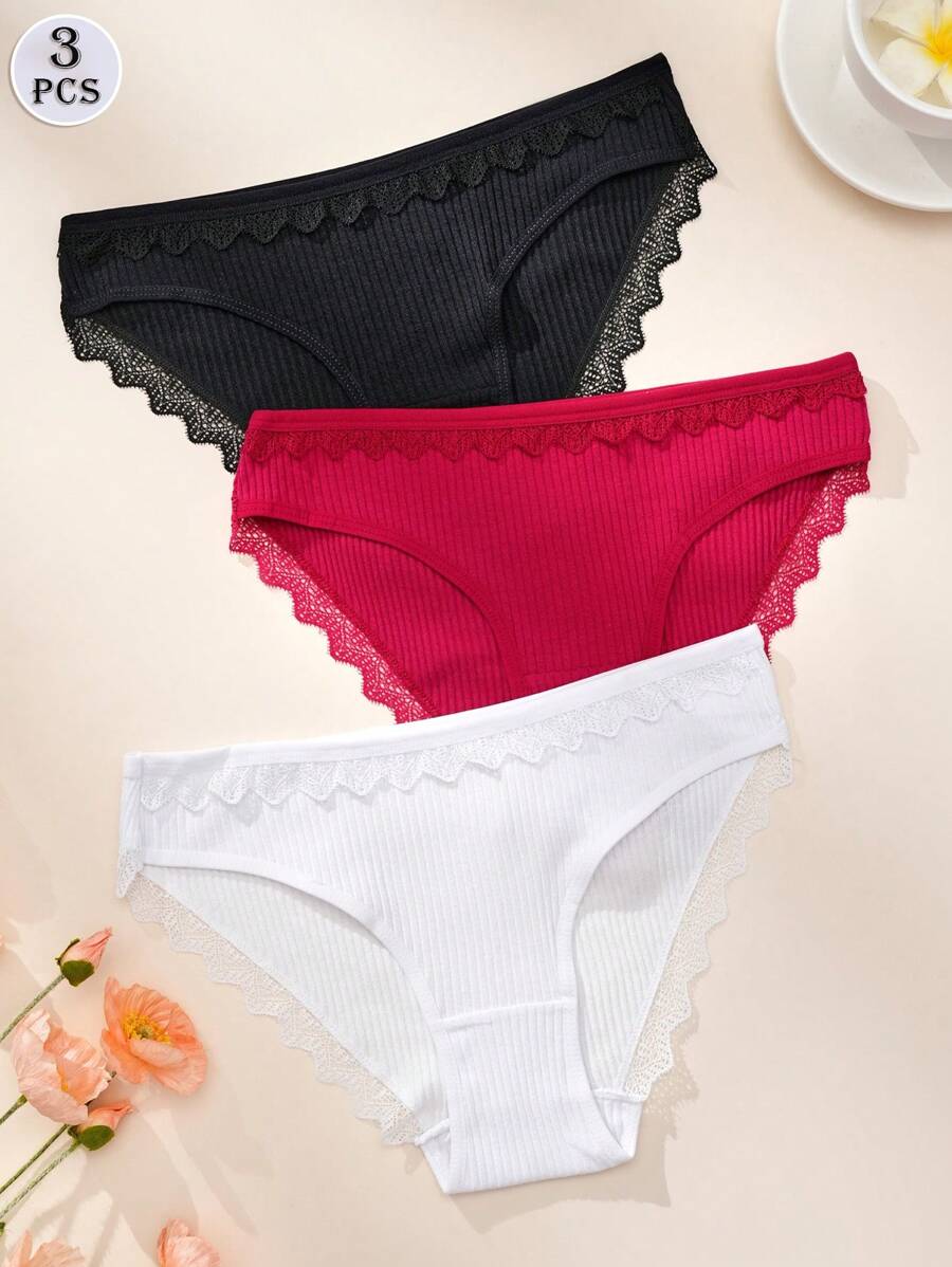 DORSU 3 piezas conjunto de ropa interior de mujer de encaje, de algodón, de talle bajo, sexy, de deseo puro, transpirable y sin costuras