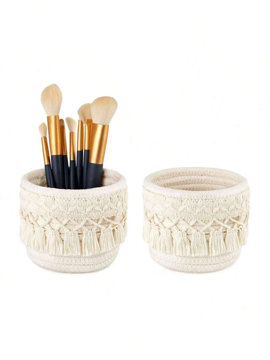 Makeup Brush Storage Box, Mini Storage Basket, Bohemian Style Decorative Basket For Pencil Case, Khaki And White