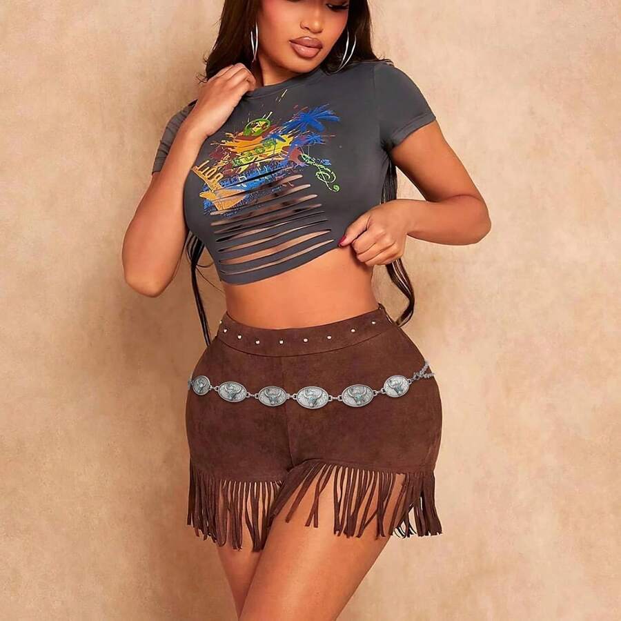 Damen Concho-Ketten-Gürtel mit Metallgliedern, Westernstil Cowgirl Türkis-Ketten-Gürtel für Kleider