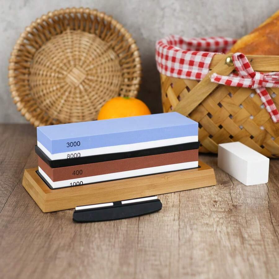 Set di pietre per affilare professionali - Doppia grana di affilatoio (400/1000 e 3000/8000) con base in bambù antiscivolo, affilatore di coltelli per cucina, caccia, utensili da chef