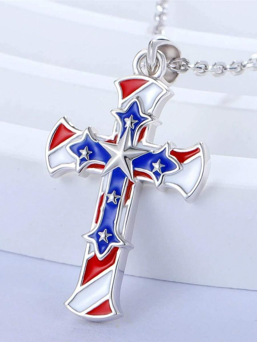 1pc Elegant & Versatile Patriotic Independence Day Red White Blue Star Cross Necklace, Suitable For Men & Women, Exquisite Gift