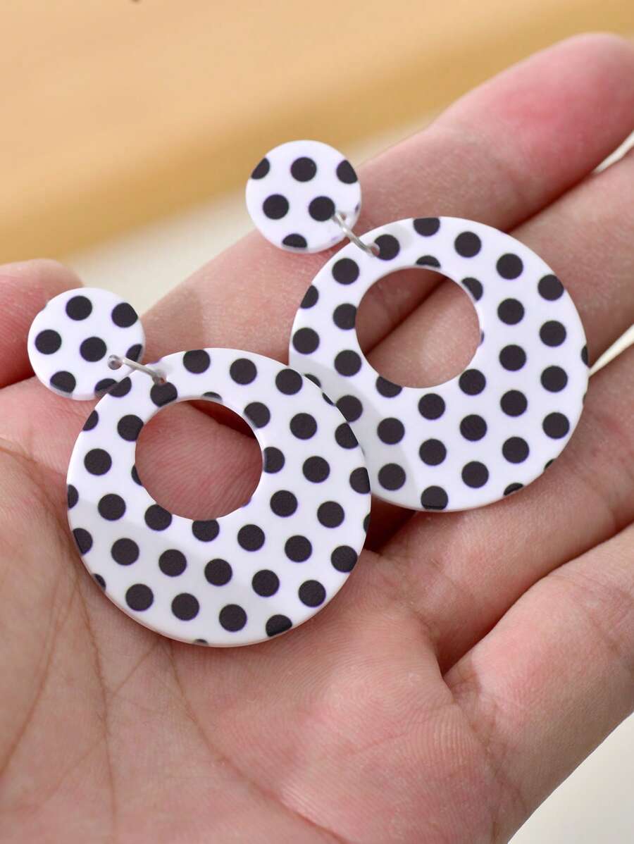1 Pair Stylish Black & White Polka Dot Acrylic Earrings, Fashion Jewelry For Women
