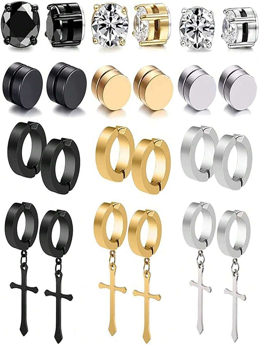 8pcs Stainless Steel Non Pierced Magnetic Earrings For Men Women CZ Clip On Dangle Magnet Earrings Set