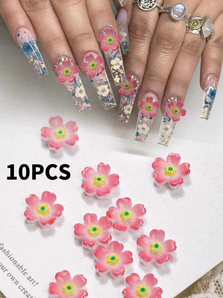 10 Pieces Of Pink Flower Nail Art Accessories, Resin Three-Dimensional Nail Art Pendants, DIY Wearable Nail Material Pack. Simple Style And Versatile, Suitable For Nail Salons