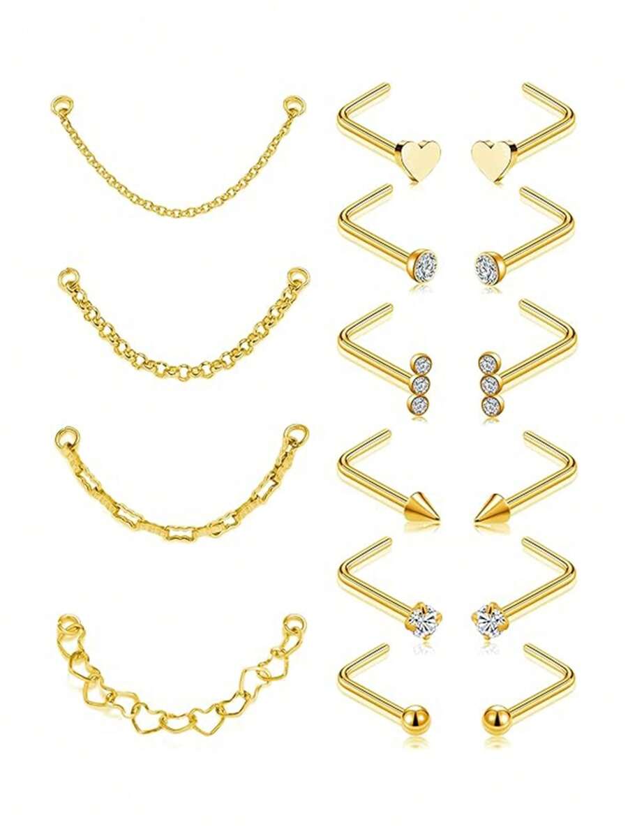1 set de 16 pièces Punk Style Bagues de nez en acier inoxydable en forme de cœur avec 3 strass, argenté et doré, ensemble de bijoux pour femmes