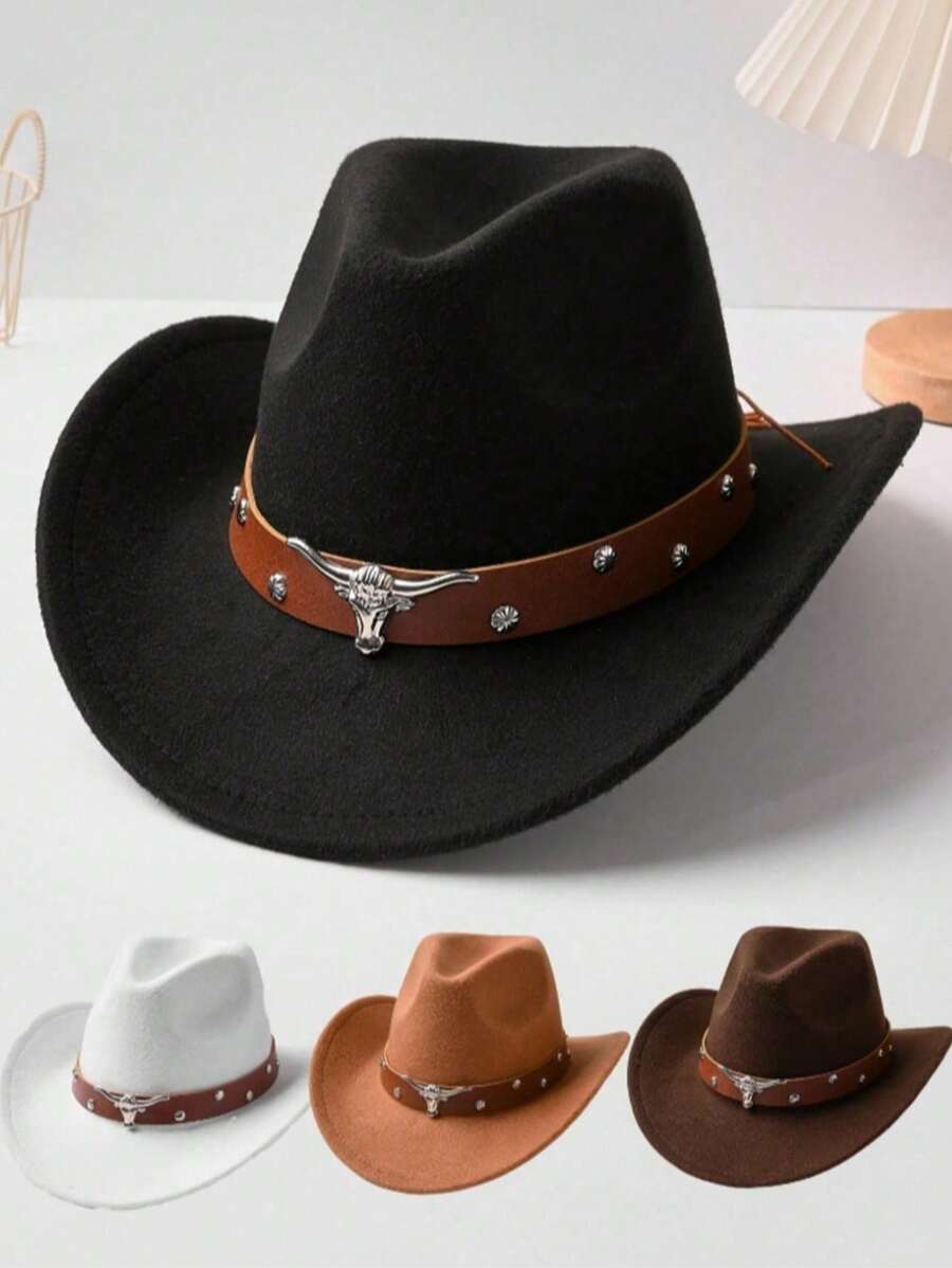 1. Herren Hut schwarzer Hut, neutraler Retrohut-Stil, stierförmige Verzierung, geeignet für Alltag Outfit, Western-Cowboy-Partys, Bar Alltag Outfit, Lässig Polyesterfaser (Polyester)
