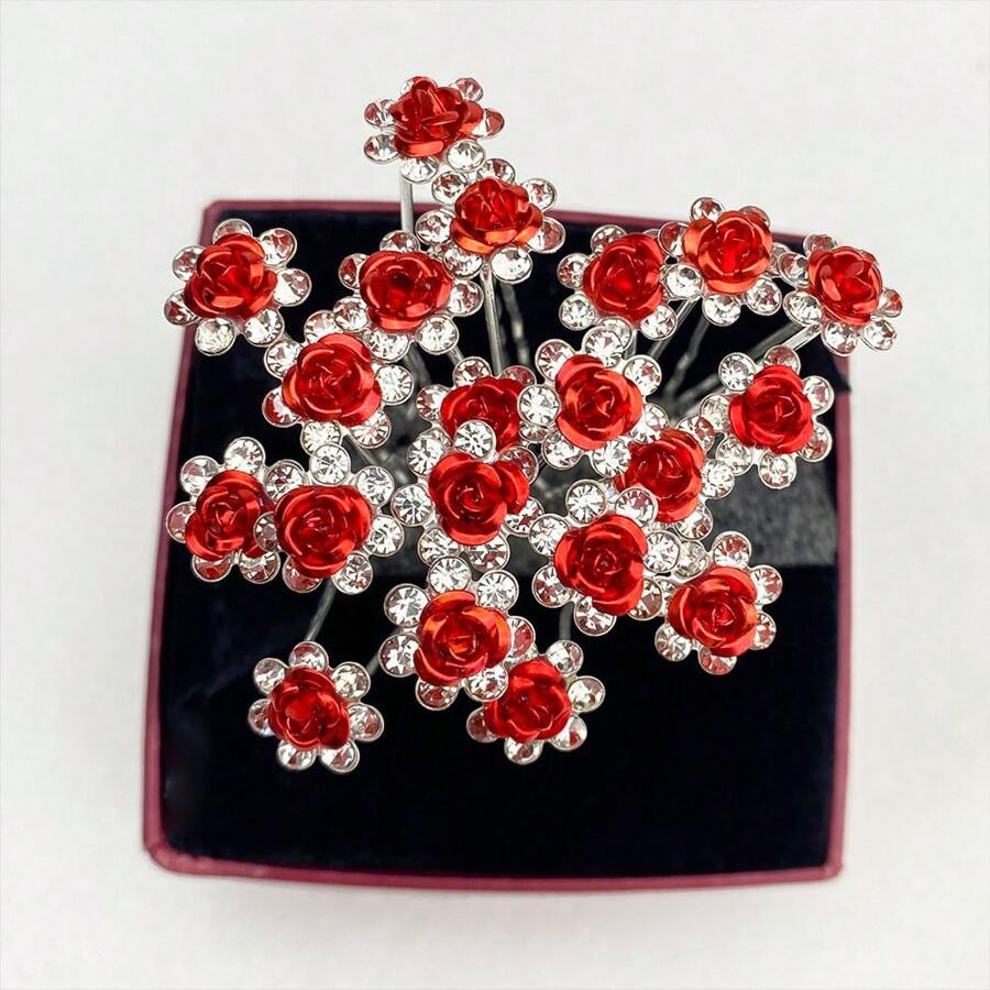 5pcs Set Elegant Faux Crystal & Gold Plated Rose Ditsy Floral Hair Clips, Bride Updo Accessories, U-Shaped Hair Pins, All Season
