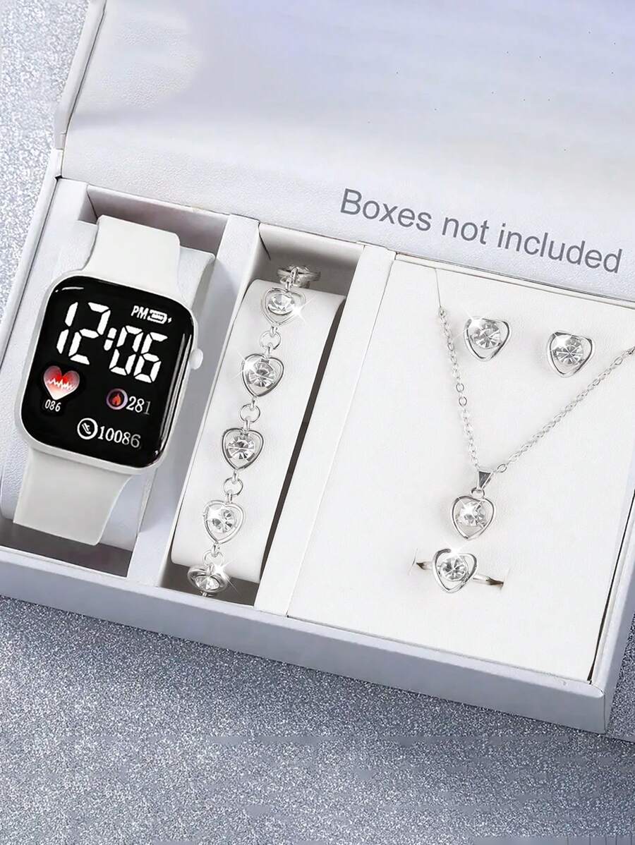 Set de 6 piezas con reloj digital LED de silicona blanca cuadrada de moda casual, pulsera, collar, aretes y anillo de cristal blanco hueco. Mejor regalo de cumpleaños para niños, adecuado para uso diario.