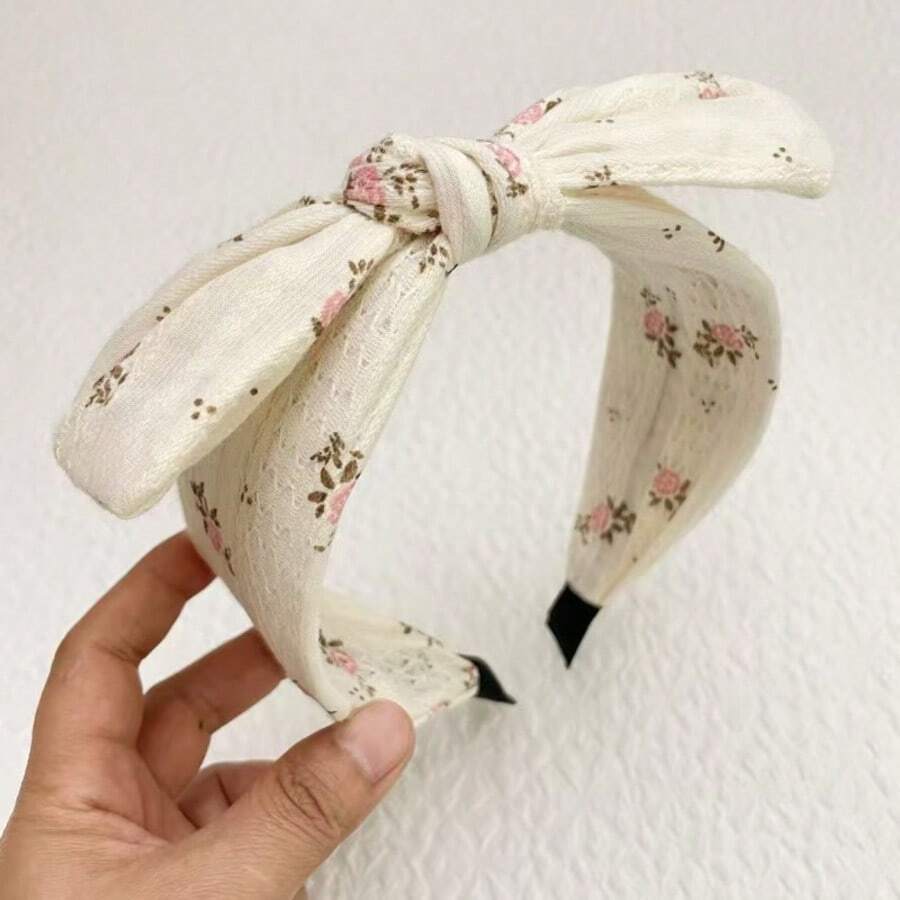 1 Pc Countryside Rose Floral Lace Mesh Bow Headband, Wide Headpiece For Top Of Head