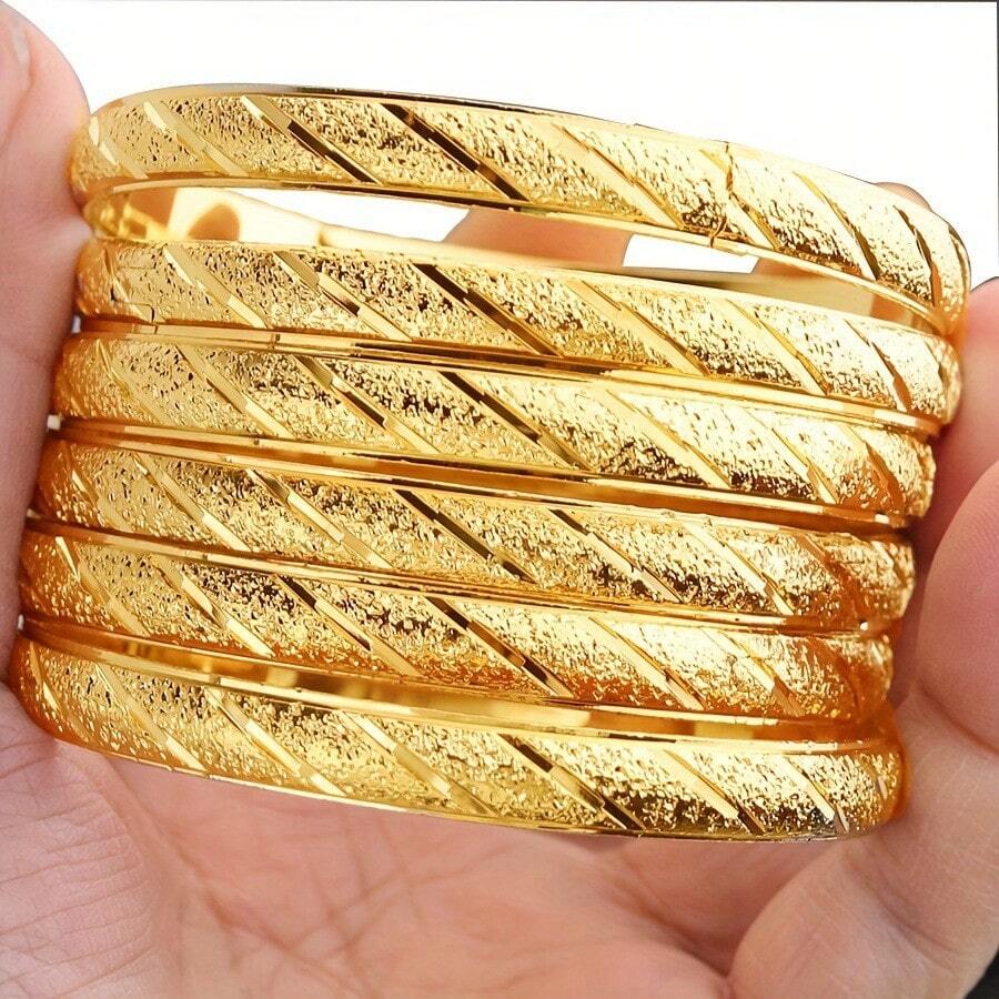 3/6 Stücke sandig-goldfarbene, exquisit handgefertigte Meteorregen Armreife mit 24 Karat Goldplattierung, 10mm breit, geeignet für Frauen, ohne Verpackungsbox