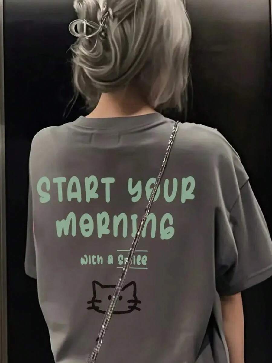 Japanese Women's Spring And Summer Pure Cotton Crew Neck Loose Fit 100 Pieces Simple Print Short Sleeve T-Shirt