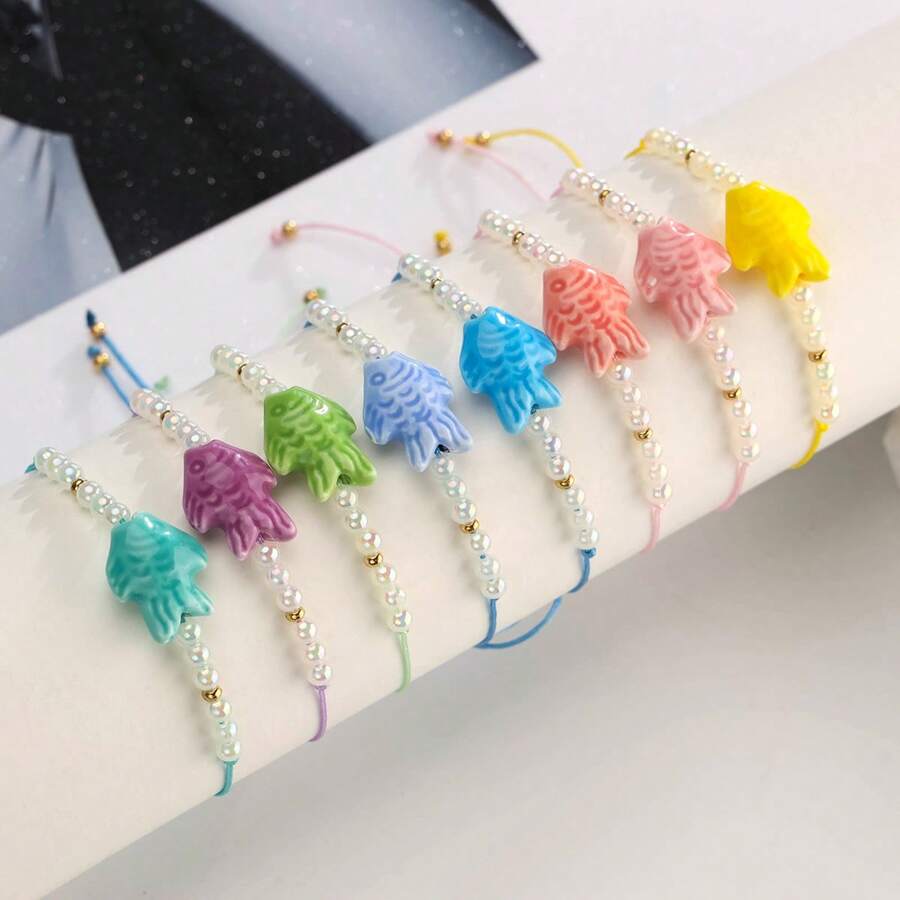1 Set Bohemian Colorful Ceramic Fish Braided Bracelet Set (Ceramic Fish Color Is Random, Minor Cracks Are Normal Craftsmanship)