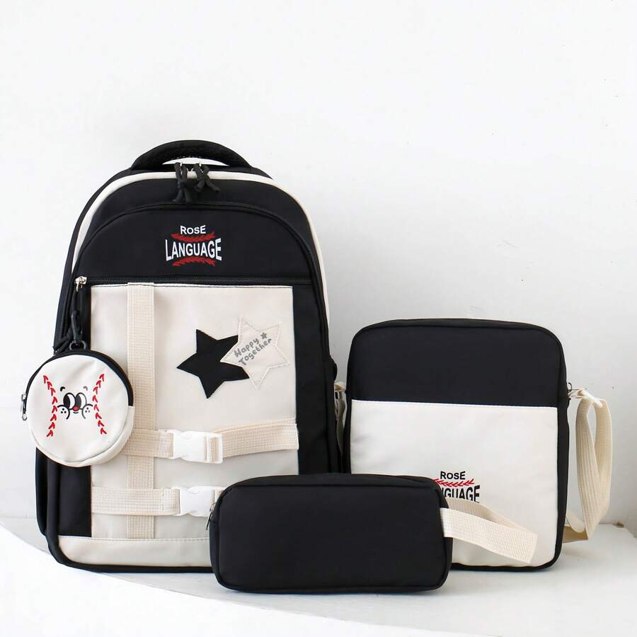 Nuevo juego de cuatro piezas de mochila para la temporada de vuelta al colegio, diseño de color sencillo y lindo con elemento de estrella de cinco puntas de béisbol, mochila de gran capacidad clásica y versátil, apertura de cremallera, plegable, con múltiples bolsillos y compartimentos, que incluye bolsa escolar, bolso bandolera, estuche de lápices y monedero redondo pequeño, mochila juvenil. Bolsa escolar imprescindible, adecuada tanto para niños como para niñas.