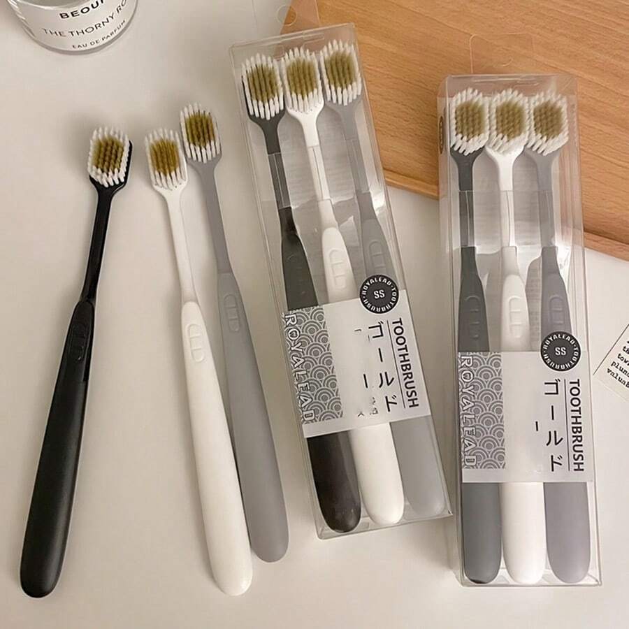 3 Pack japanische Zahnbürsten, breiter Kopf mit weichen Borsten, ultra-weiche Mikrofaserborsten, Familienpackung für Erwachsene, ergonomischer Griff in Schwarz, Weiß und Grau, sanft zu Zahnfleisch und Zähnen, geeignet für Paare und Familien