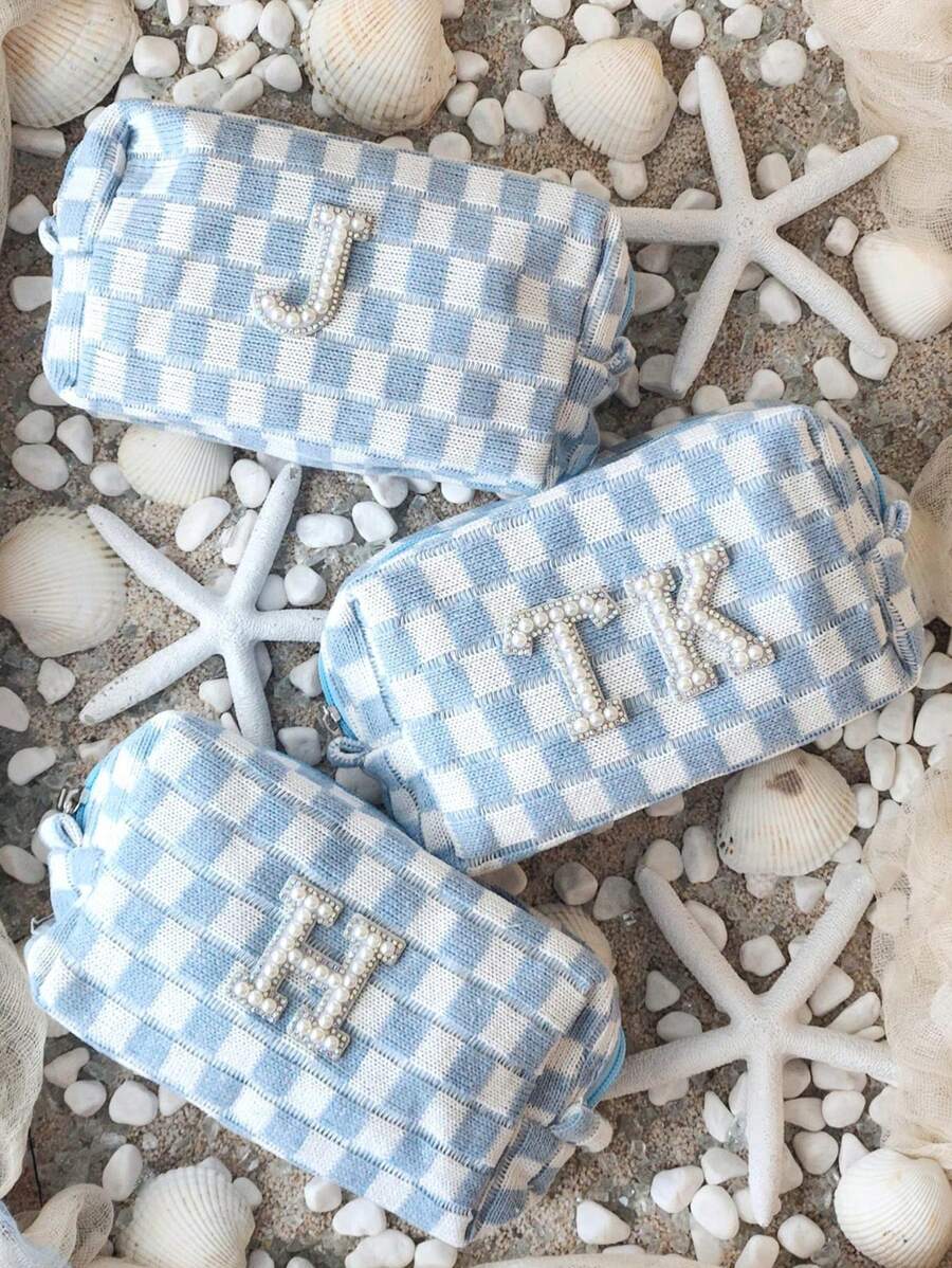 1pc Custom Initials Blue Checkered Cosmetic Bag | Last Toast On The Coast Bridesmaid Favors | Coastal Cowgirl | Bachelorette Beach Party