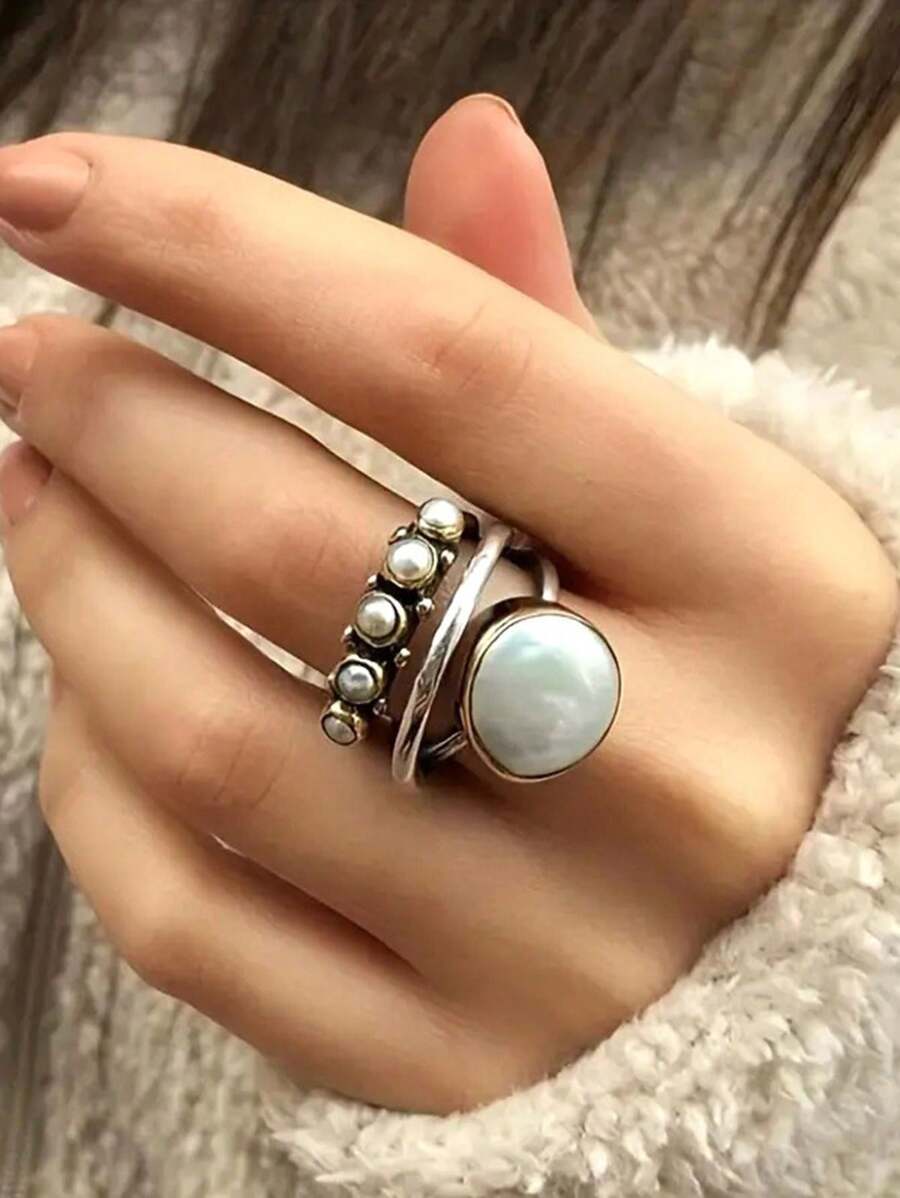 1 anel redondo aberto ajustável estilo vintage, design de pérola falsa cruzada de 3 camadas, adequado para uso diário e festivo feminino