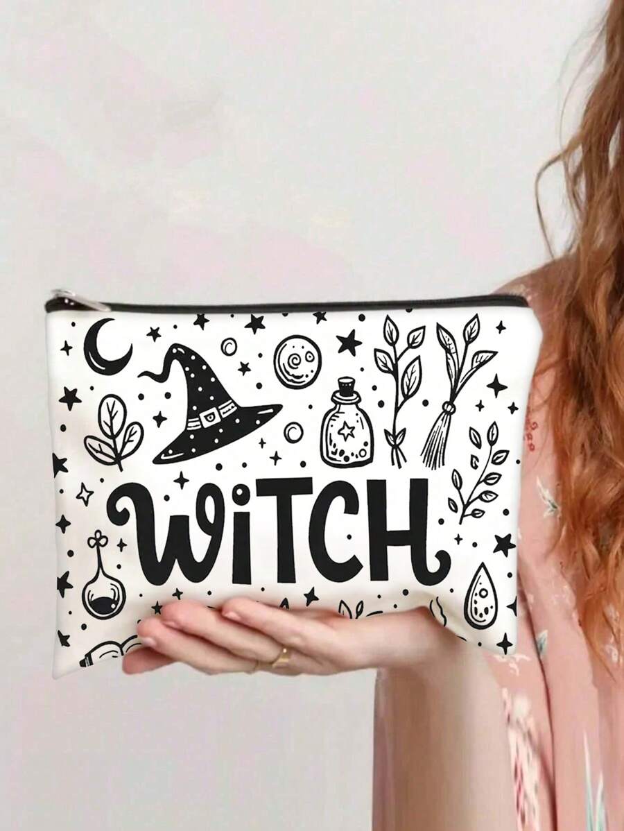 Bolsa de maquiagem mística de bruxa - Bolsa de cosméticos leve com zíper e estampa dupla-face com tema de bruxa, vibrações de bruxa, design de lua crescente e estrelas, bolsa de viagem ideal para artigos de higiene e porta-moedas, presente perfeito para ela em aniversários, Natal, Dia dos Namorados, estampa celestial | Estampa dupla-face, volta às aulas
