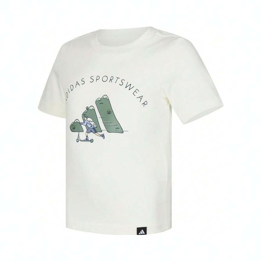 Adidas Camiseta de cuello redondo de manga corta tejida con estampado de garabatos para niño pequeño TJZ4073