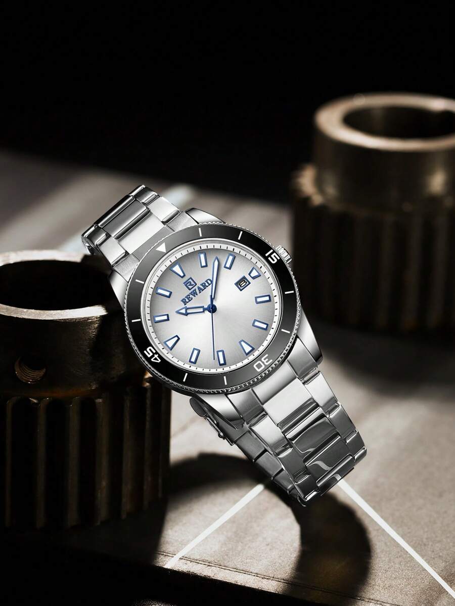 REWARD REWARD Men's Quartz Watch Business Fashion Style Timing Calendar Luminous Hands Multi-Functional Men Wristwatch High Quality Gift Classic Design Stainless Steel Watch Band