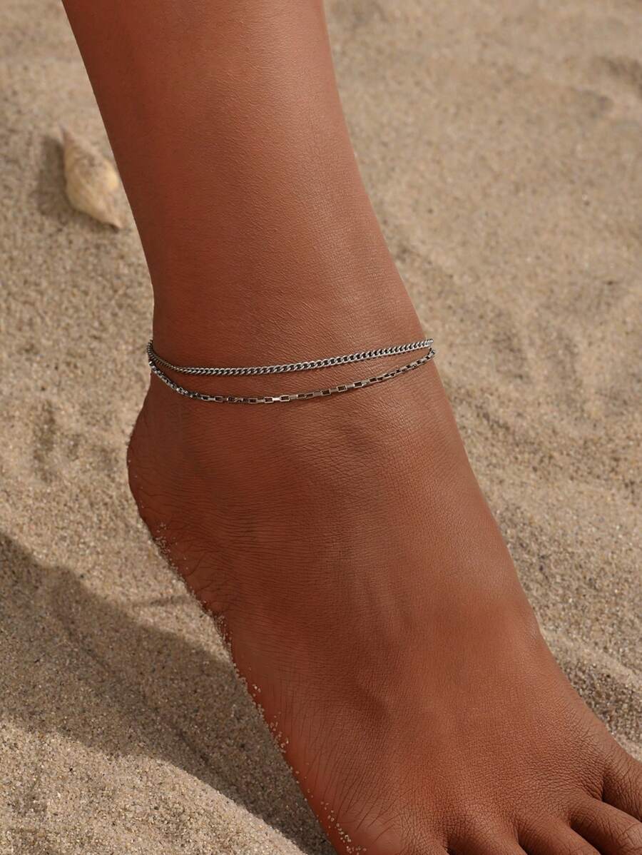 1pc Summer Beach Sexy Ins Style Double Layer Chain Anklet For Women's Foot Jewelry