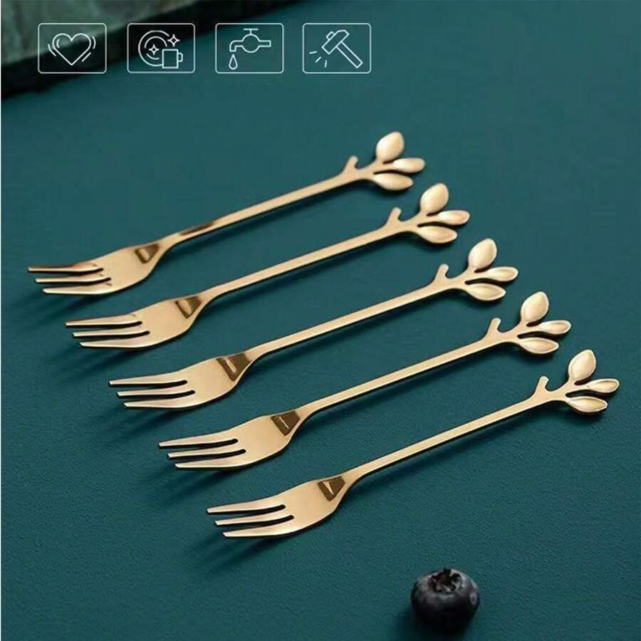 12/6/3/1pcs Stainless Steel Dessert Forks, 4.72inch Fruit Forks With Leaf Shaped Handles, Suitable For Home Afternoon Tea, Cafe, Fruit, Cake, Dessert, Minimalist And Elegant Stainless Steel Forks, Kitchen Essential, Tableware, Salad, Vegetable,School Supplies