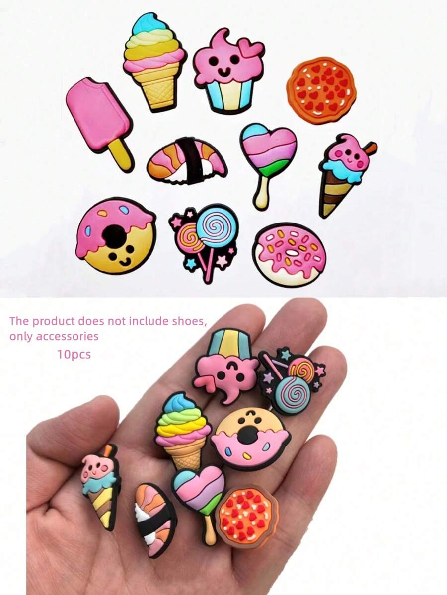 10pcs New Design Detachable Clogs Beach Sandals Accessories Charms, Cute Pink Dessert & Ice Cream Patterns, Clog DIY Decorations School