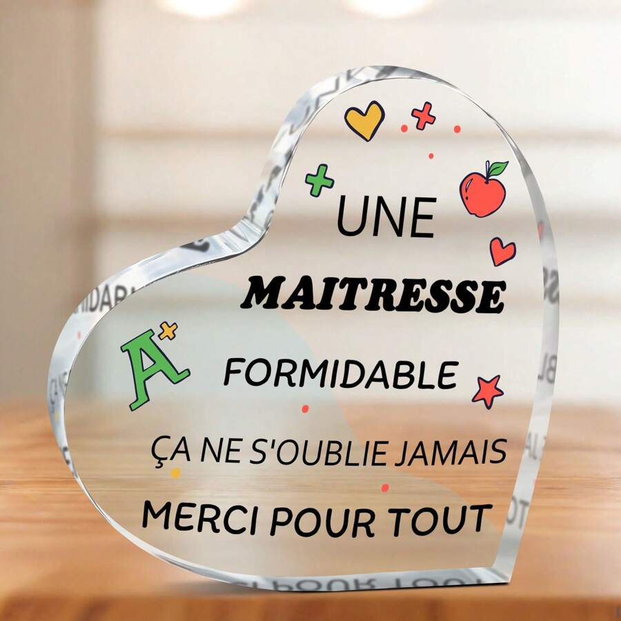 2D flach geschnitzter Acrylplakette - ein Geschenk für Frauen, Mütter, Schwestern, Lehrer - einzigartiges Geburtstags- und Weihnachtsgeschenk, mit der Botschaft "Une Maitresse Formidable C'ane S'oublie Jamais Merci Pour Tout", klassischer Stil, Familien-Thema