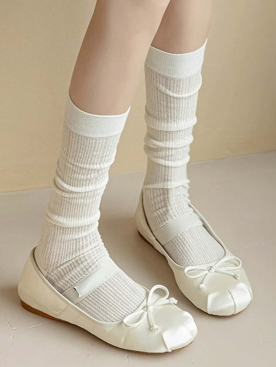 1 paire de chaussettes fines pour mollets inspirées du style ballet pour femmes. Chaussettes blanches respirantes à côtes pour porter au quotidien, printemps/été
