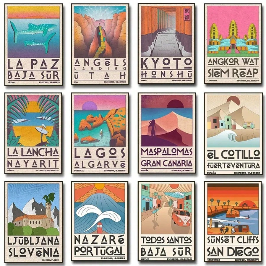 1pc Retro Travel World National Urban Attractions Posters Cartoon Favorite Card Wall Art Home Decor For Living Room Canvas Painting Optional Frame