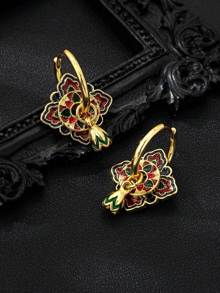 1 par de pendientes de aro de estilo chino vintage con diseño de contraste mate de círculos esmaltados y de colores
