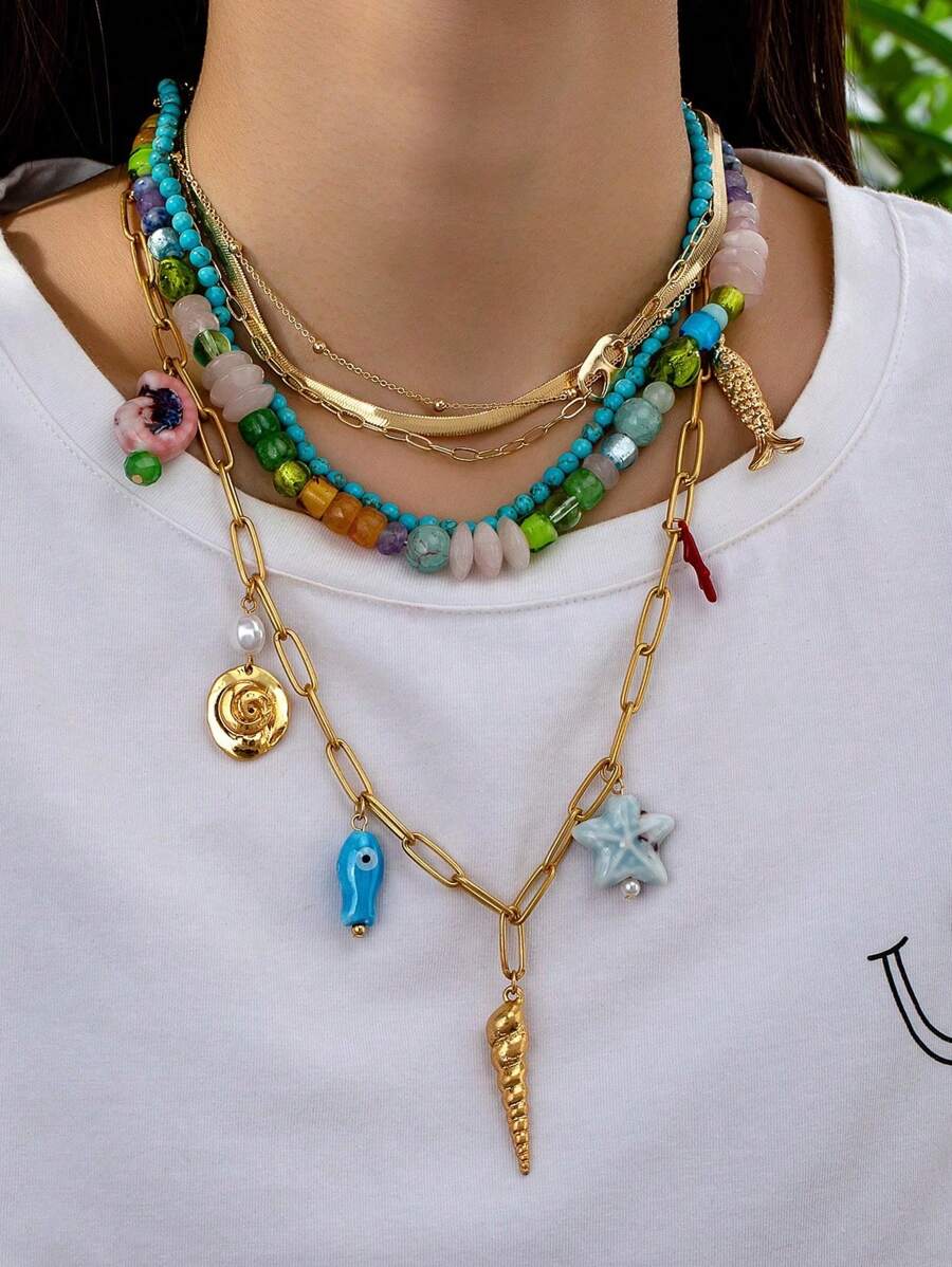 1pc Handmade Ceramic Ocean Sea Shell & Starfish Charm Necklace For Women, Random In Color And Shape
