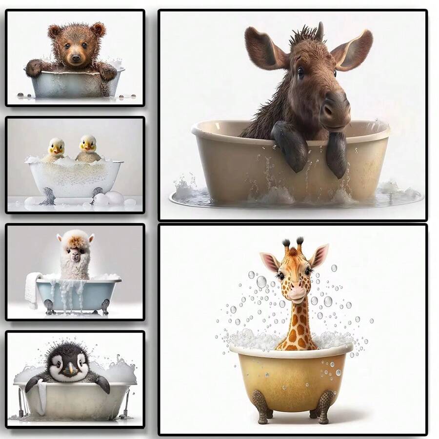 1pc Wall Arts Posters Cute Animals Baby In Bathtub Posters Elephant Panda Duck Prints Canvas Painting Bath Wall Art Picture For Living Room Home Decor Canvas, Frameless