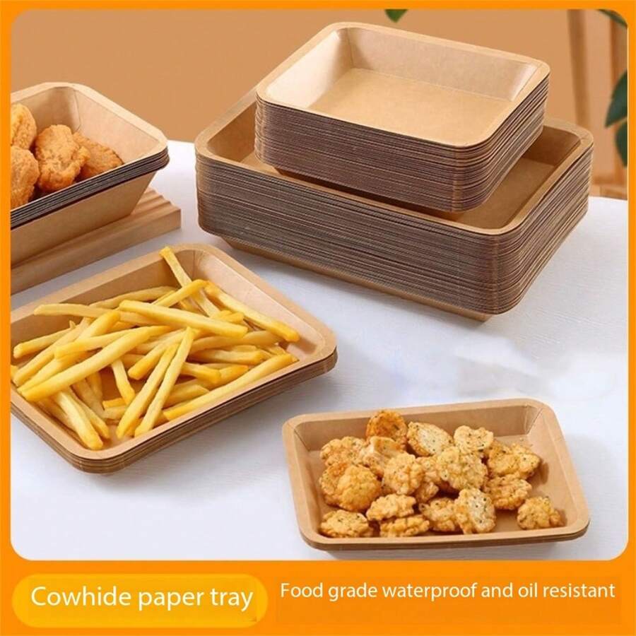 10 pièces Assiettes rectangulaires en papier kraft jetables, conviennent pour le barbecue extérieur, les frites maison, le poulet frit, les pâtisseries, le sushi et les encas