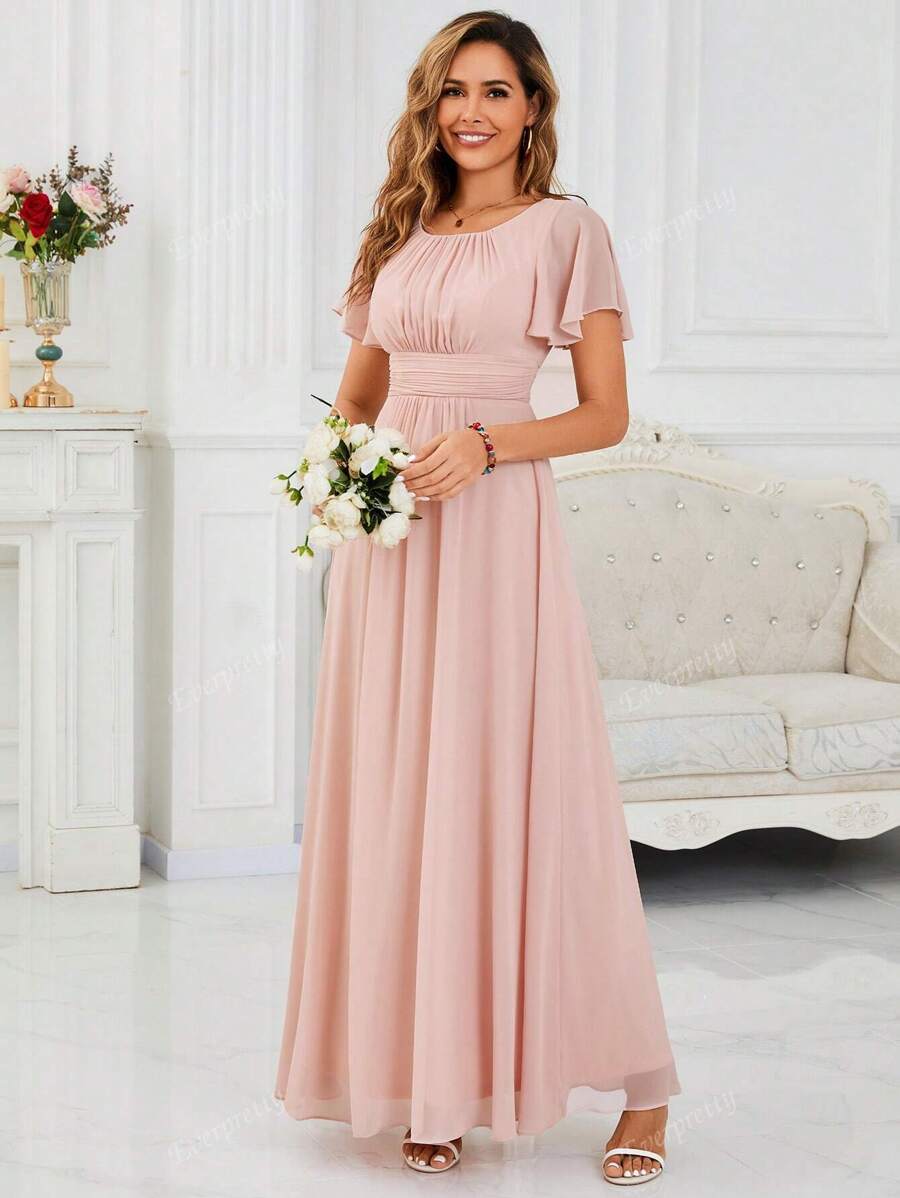 EVER-PRETTY Abito da damigella d'onore da cerimonia elegante in chiffon con scollo a equipaggio, vita segnata e gonna plissettata fino ai piedi