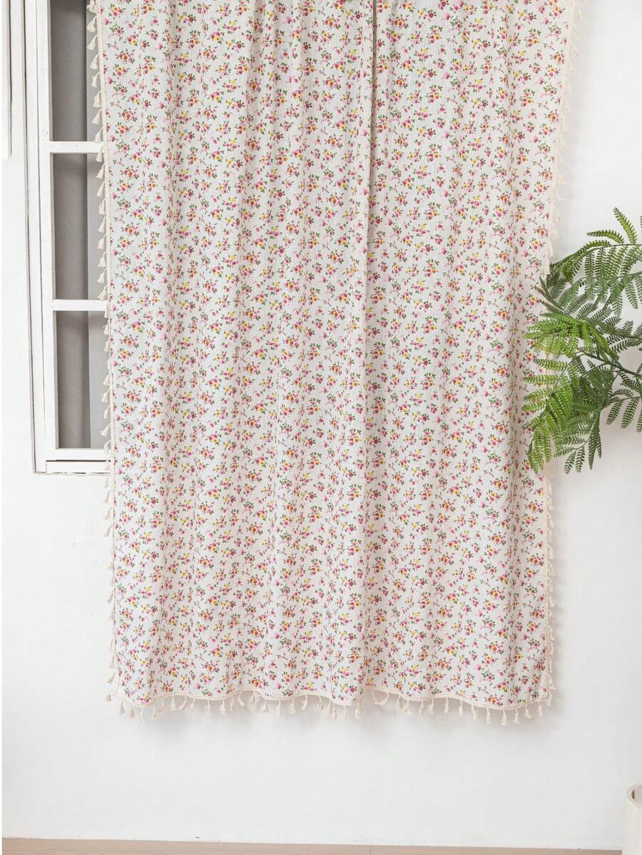 1pc Pink Floral Curtain With Tassels, Suitable For Dining Room, Cafe, Bedroom, Living Room, Kitchen, Year-Round Home Use
