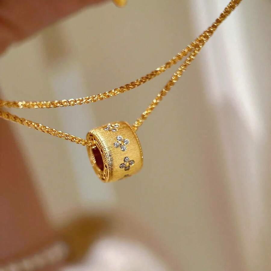 Colar com pingente de trevo de quatro folhas e caleidoscópio retrô francês banhado a ouro 18K e zircônia para mulheres