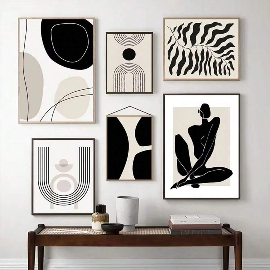 1pc Wall Arts Posters Optional Frame Vintage Abstract Boho Geometric Line Posters Black Beige Bohemian Wall Art Canvas Painting Print Picture For Living Room Home Decoration