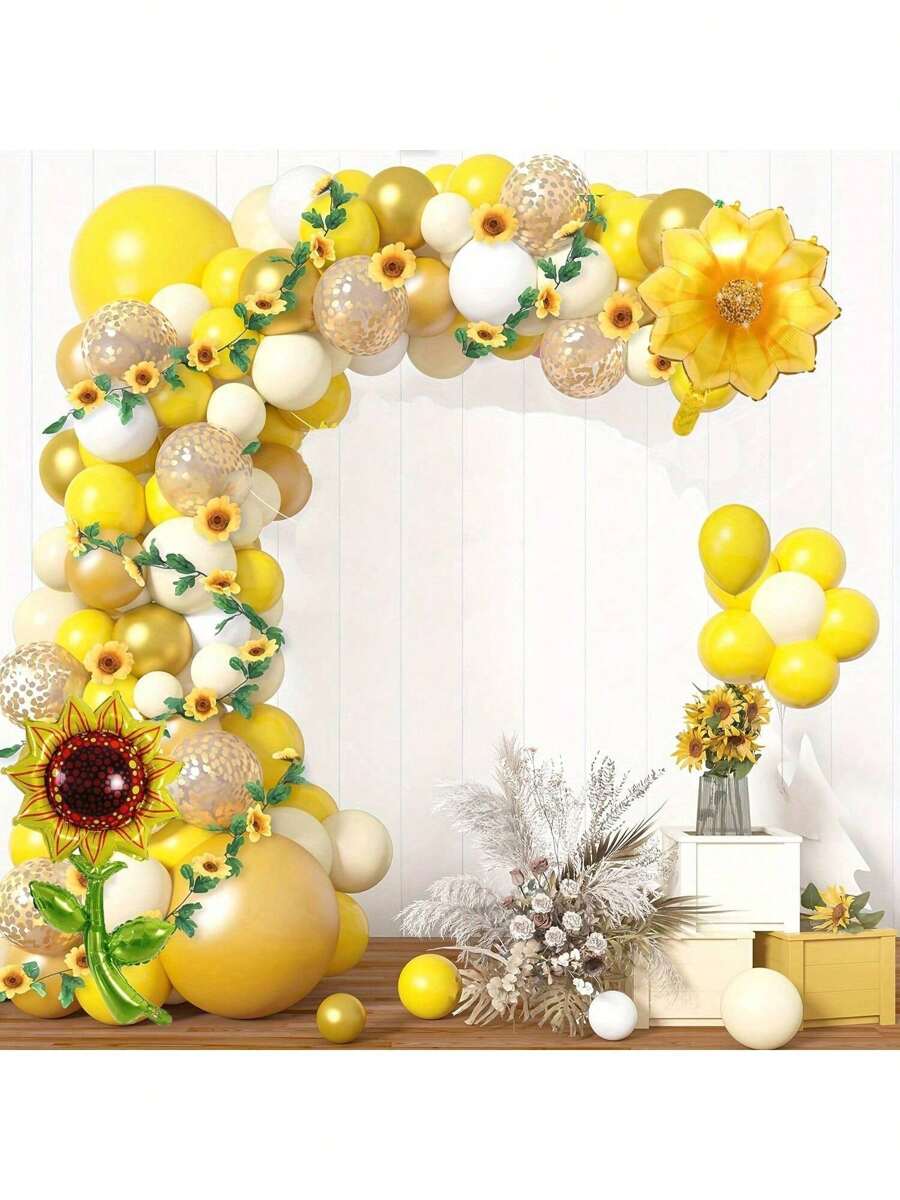 132pcs Sunflower Theme Balloon Party Garland Arch Kit, Yellow Flower Aluminum Film Balloon Kit, Birthday Party Decor, Wedding, Bridal Shower Party Decoration, Anniversary Party Decoration, Indoor And Outdoor Scene Setting Decoration Kits
