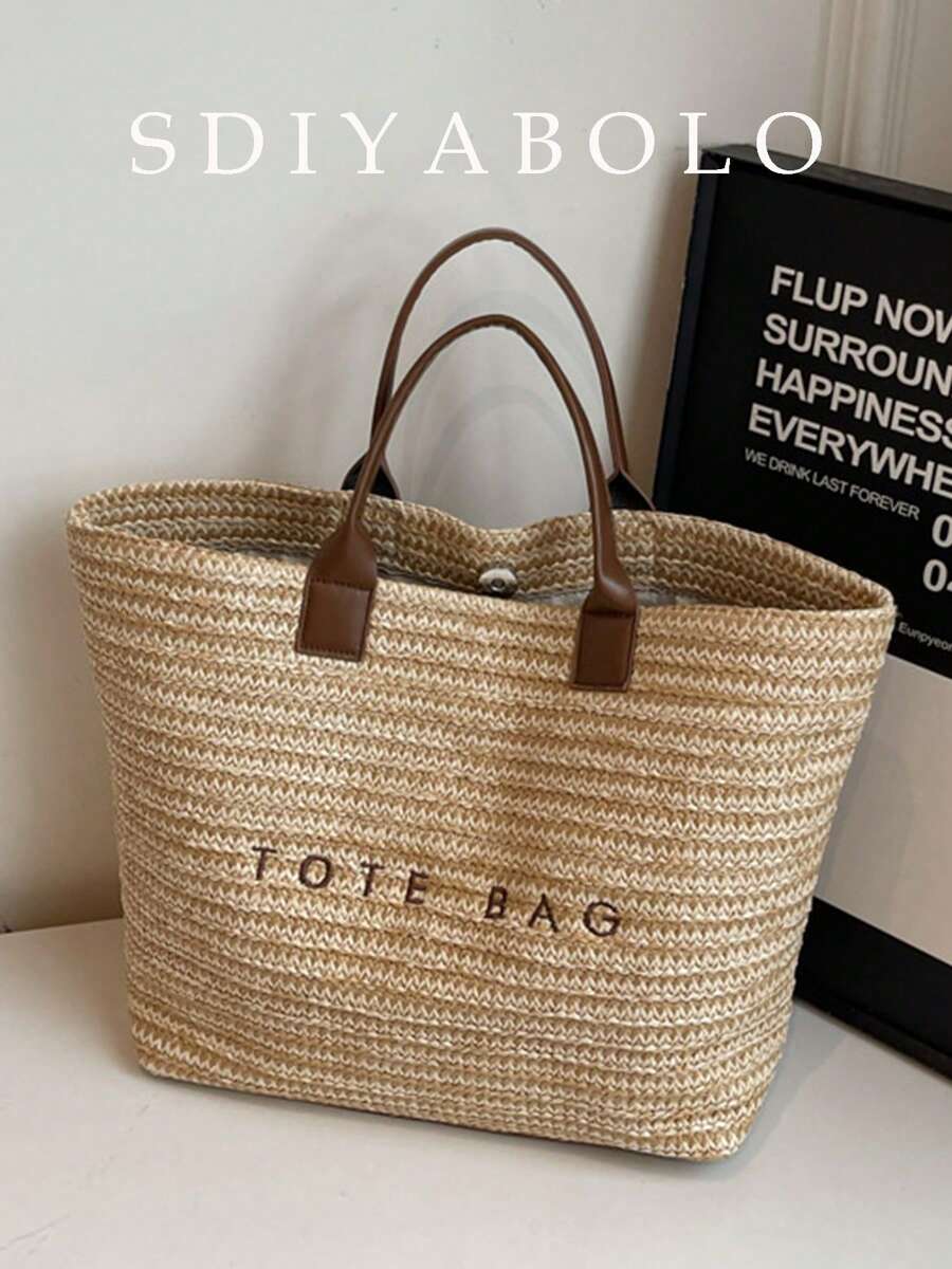 Chic Preppy-Style Large Capacity Tote Bag - Lightweight PVC & Kraft Paper With Magic Tape Closure For Women's Fashion
