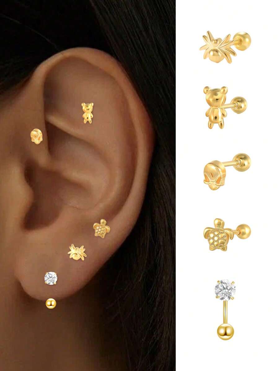1 pièce Clou d'oreille en argent sterling S925 avec design simple de tortue, araignée ou extraterrestre. Convient aux femmes et aux hommes, clou d'oreille percé pour os de l'oreille